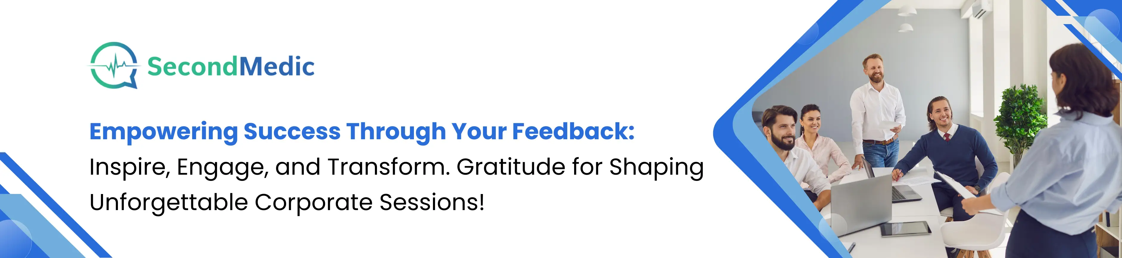 A banner featuring the text 'Corporate sessions for empowering success, inspiring and transforming, boosting employee performance and health.' This suggests the availability of corporate sessions designed to motivate and improve both employee performance and health.