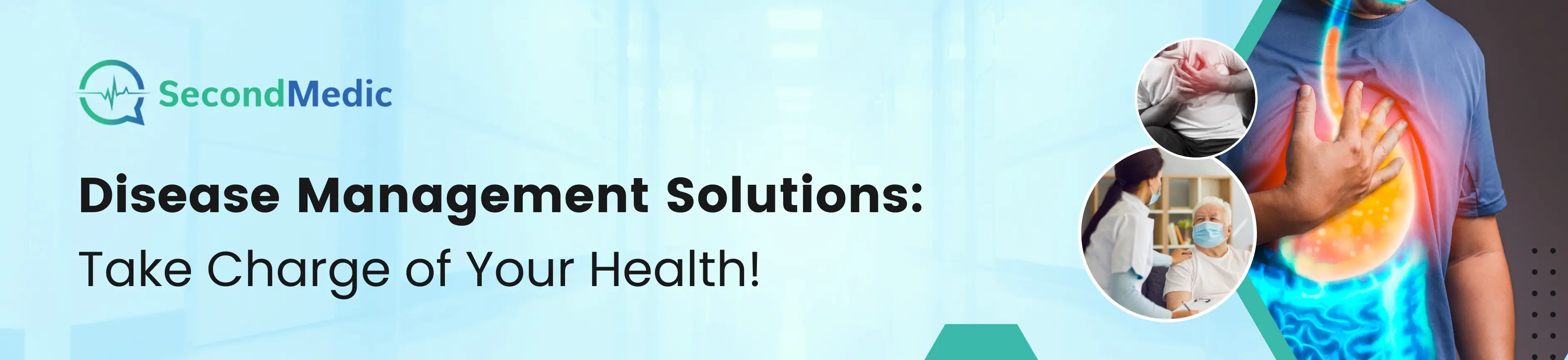 A text overlay reading 'Take charge of your health with our disease management solution.' This suggests the availability of a service for managing diseases and promoting self-care.