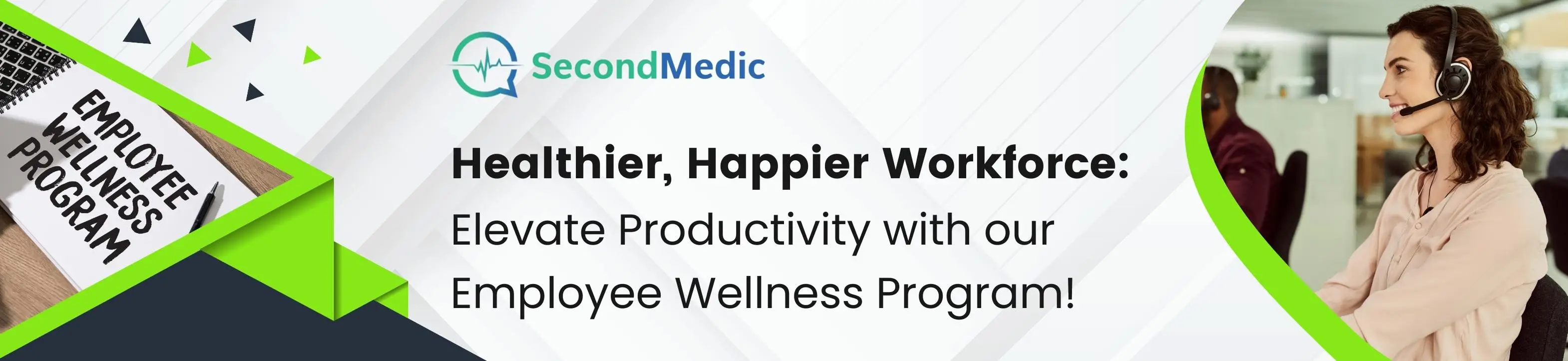 A smiling employee in the foreground, with text overlay reading 'Elevate employee productivity with our employee wellness program.' This suggests the promotion of a program aimed at enhancing employee well-being and performance.