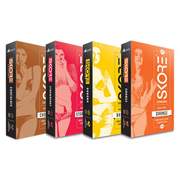 Skore Fruit Basket Dotted Condoms Combo (Orange, Banana, Chocolate & Strawberry) - 4 Packs (10 pieces per pack)
