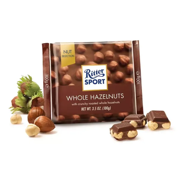 RITTER SPORTS CHOC WHOLE HAZELNUTS 100GM