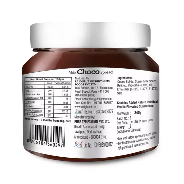 DELIGHT NUTS CHOCO SPREAD MILK 340GM