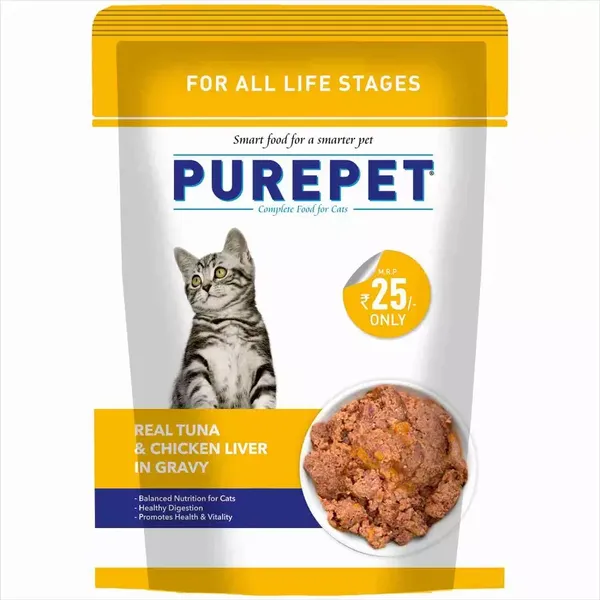 PUREPET CAT FOOD, REAL TUNA &amp; CHICKEN LIVER IN GRAVY WET 70GM