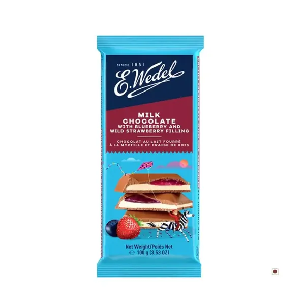 E.WEDEL MILK CHOCOLATE WITH BLUEBERRY &amp; WILD STRAWBERRY FILLING BAR 100GM