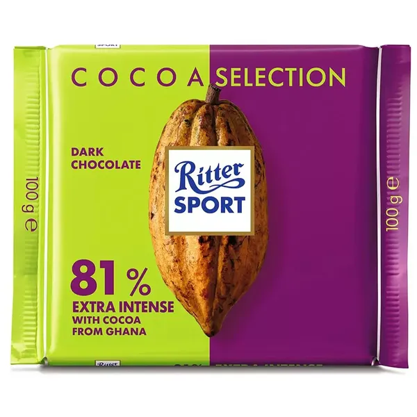 RITTER SPORT 81% STRONG DARK CHOCOLATE BAR 100GM