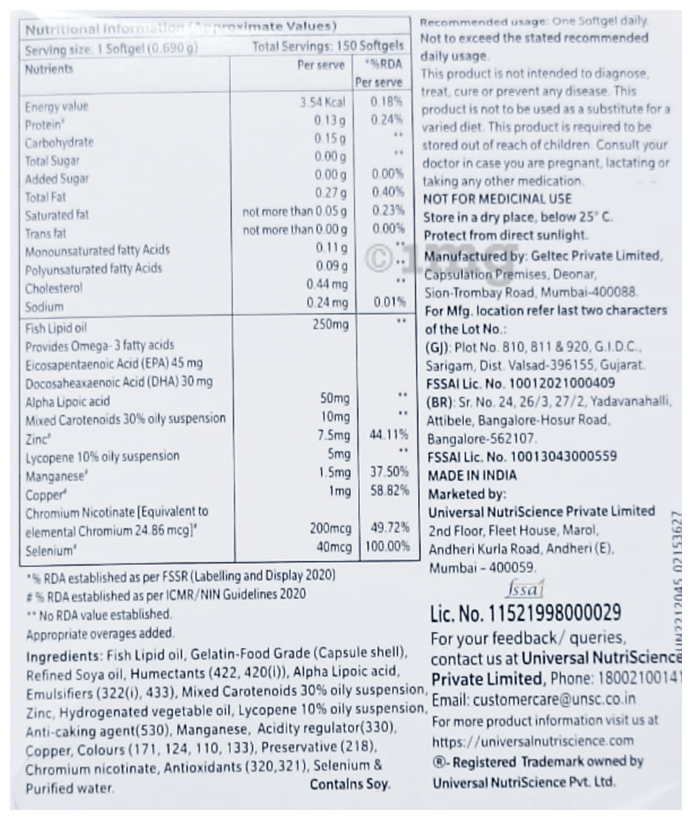 Selace Forte Capsule with Omega 3 Fatty Acids, Carotenoids, Alpha lipoic acid, Lycopene &amp; Minerals