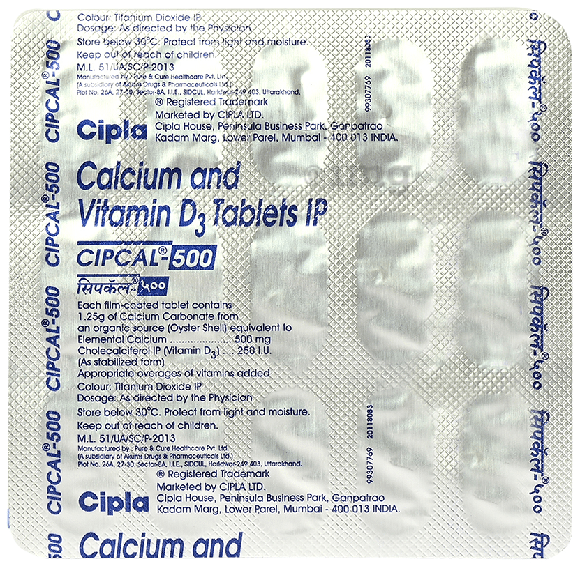Cipcal Cipcal 500 Tablet from Cipla | Source of Calcium &amp; Vitamin D | For Bone, Joint and Muscle Care