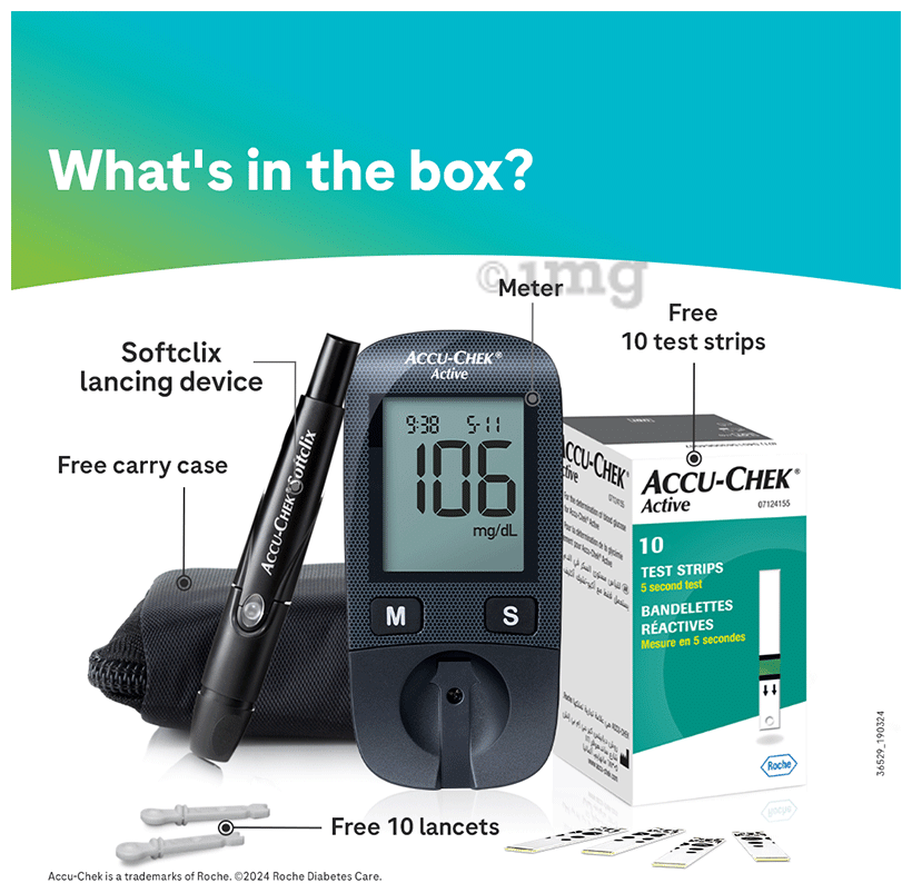 Accu-Chek Active Blood Glucometer Kit (Box of 10 Test strips Free) | Blood Glucose Monitors