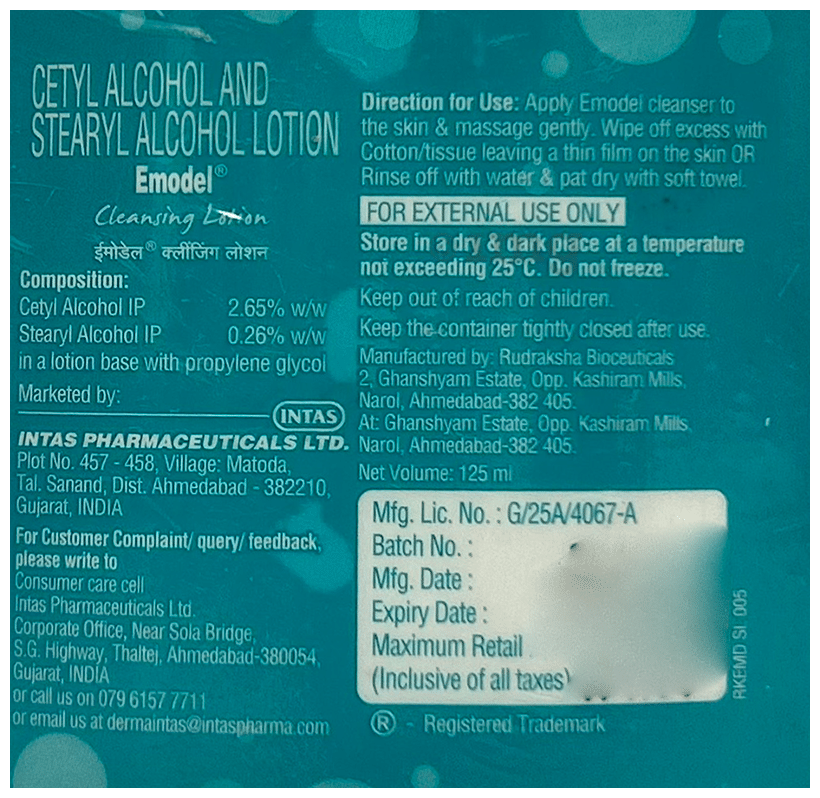 Emodel  Cetyl &amp; Stearyl Alcohol Cleansing Lotion | For Sensitive Skin