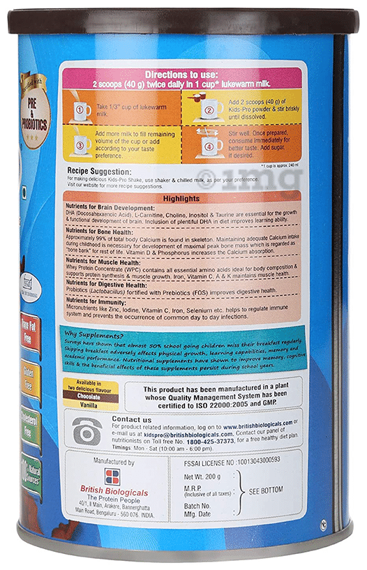 Kids-Pro Protein with DHA, Pre &amp; Probiotics | For Growing Children | Flavour Powder Chocolate
