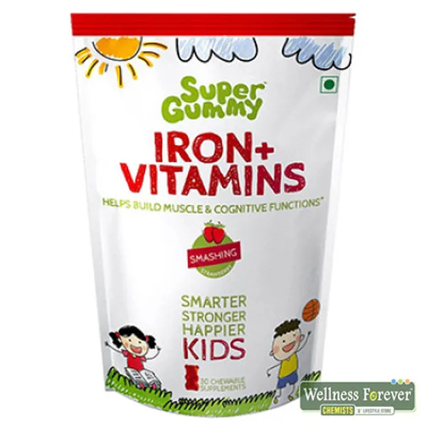 SUPER GUMMY IRON AND VITAMINS CHEWING GUM - STRAWBERRY, 30 PIECES