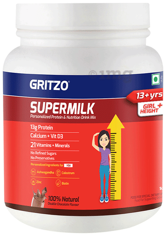Gritzo Super Girl Milk Protein Height+ for 13+ Years Girls | With Calcium &amp; Vitamin D3 | Flavour Double Chocolate