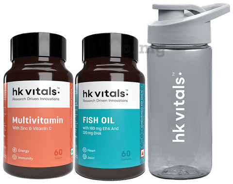 Healthkart Combo Pack of Multivitamin Film Coated Tablet &amp; Fish Oil 1000mg  Soft Gelatin Capsule (60 Each) with Sipper