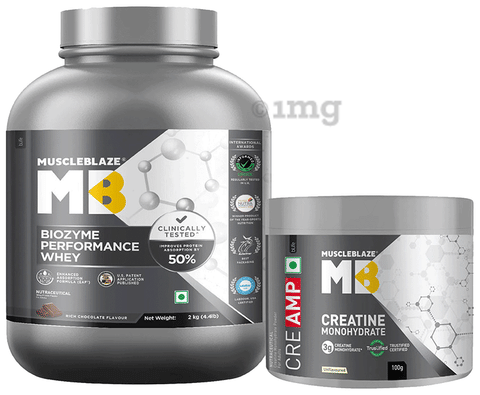 Muscleblaze Combo Pack of Biozyme Performance Whey Powder Rich Chocolate(2kg) &amp; Creatine Monohydrate Unflavoured (100gm)