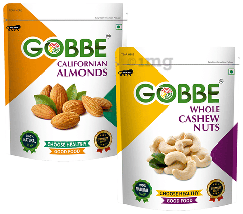 Gobbe Combo Pack of Californian Almonds &amp; Whole Cashew Nuts (200gm Each)