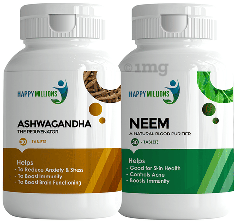 Happy Millions Combo Pack of Ashwagandha Tablets (30) &amp; Neem Tablets (30)