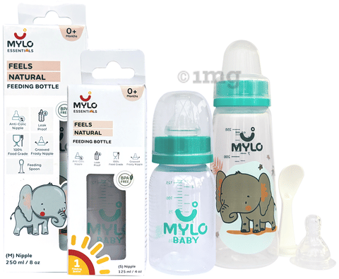 Mylo 2 In 1 BPA Free with Anti-Colic Nipple &amp; Spoon Baby Feeding Bottle (125ml &amp; 250 ml) Bear &amp; Zesty Orange