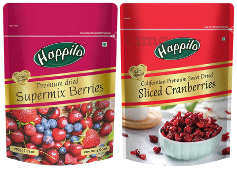 Happilo Combo Pack of Premium Dried Supermix Berries (200gm) &amp; Californian Premium Sweet Dried Sliced Cranberries (150gm)