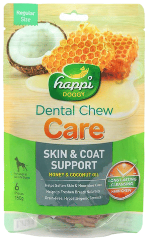 Heads Up For Tails Happi Doggy Dental Chew Care Skin &amp; Coat Support Regular 4 Inch Honey &amp; Coconut Oil