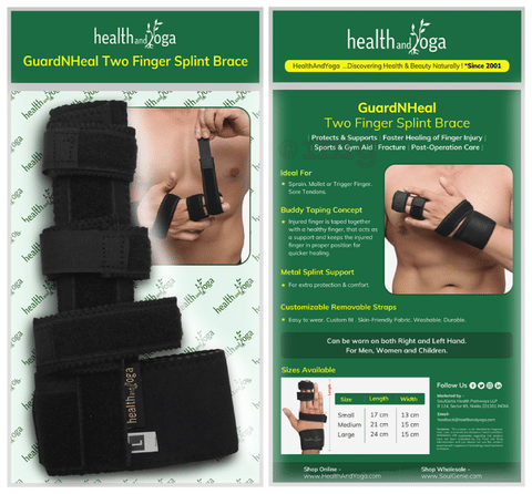 HealthAndYoga GuardNHeal Two Finger Splint Brace Black Small